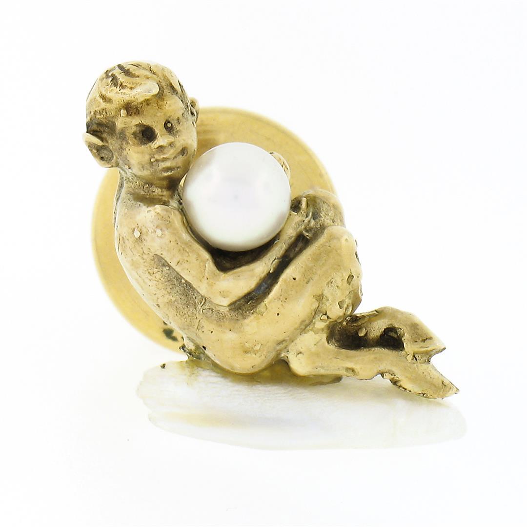 Vintage 14k Gold Faun Boy Bead & Carved Freshwater Pearl Tie Tack & Cufflink Se