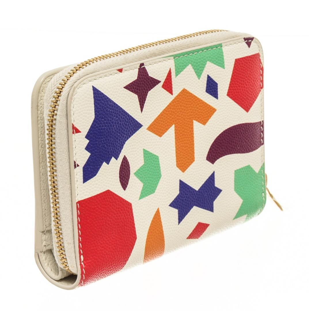 YSL Saint Laurent White Multicolor Pebbled Leather Compact Zippy Wallet