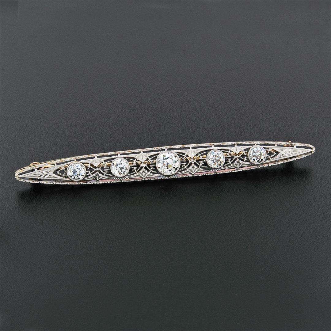 Antique Edwardian Krementz 14k Gold Filigree Milgrain Old Diamond Bar Pin Brooch