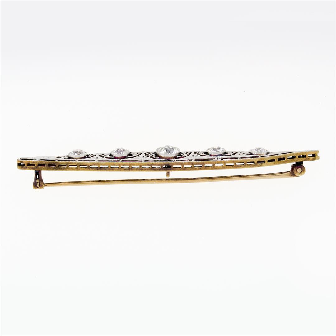 Antique Edwardian Krementz 14k Gold Filigree Milgrain Old Diamond Bar Pin Brooch