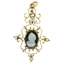 Antique Victorian 14k Yellow Gold Cameo and Diamond Open Work Locket Pendant