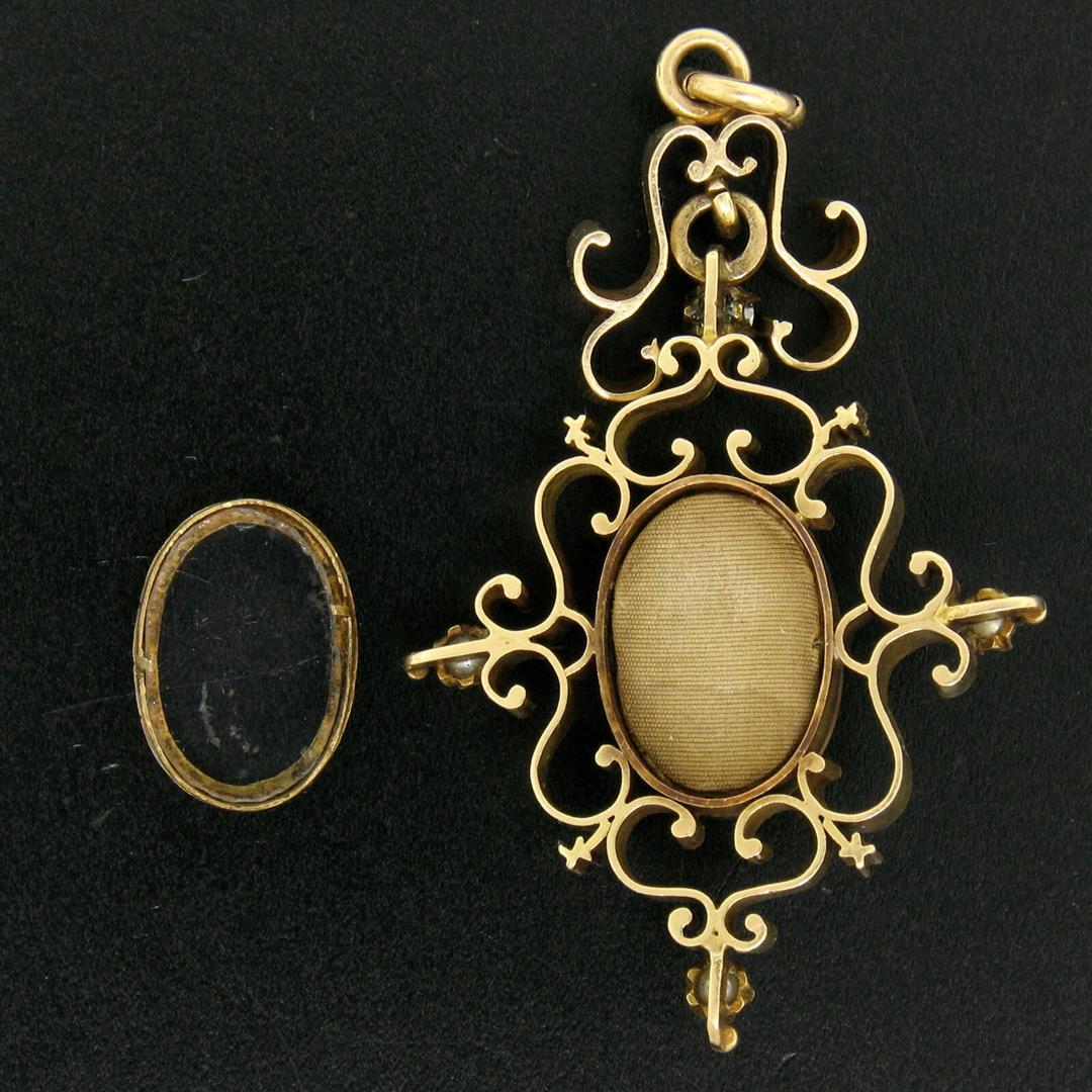 Antique Victorian 14k Yellow Gold Cameo and Diamond Open Work Locket Pendant