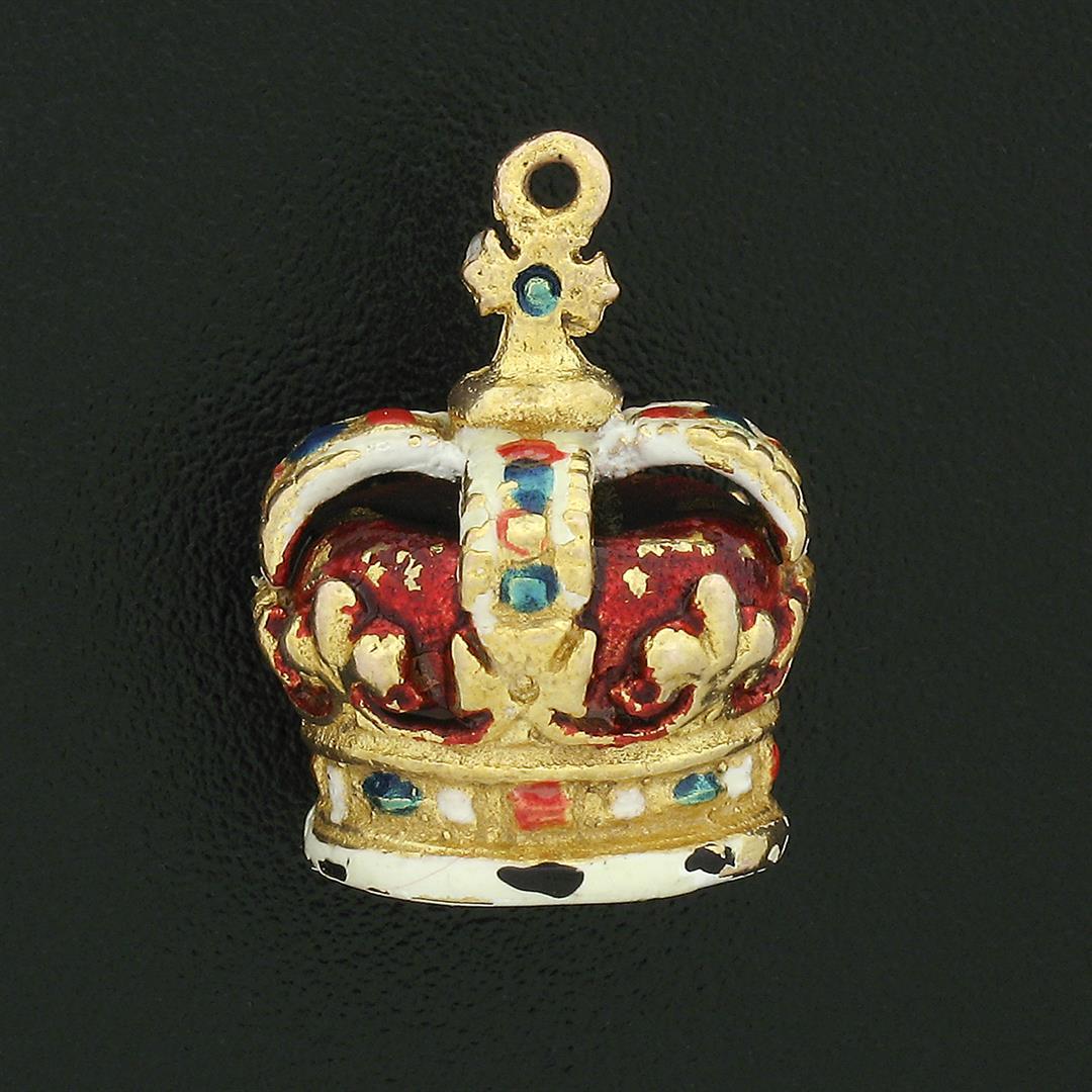 Vintage British 9K Gold Imperial State Crown w/ Multicolor Enamel Charm Pendant