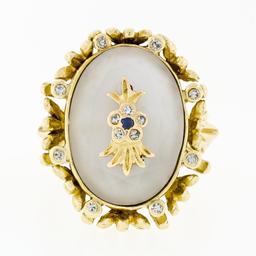 Vintage 18k Gold Oval Cut Frosted Quartz Rock Crystal Diamond & Sapphire Ring