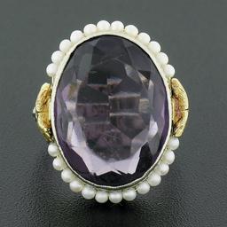 Antique 10K TT Gold Oval Bezel Purple Stone Seed Pearl Halo & Open Filigree Ring