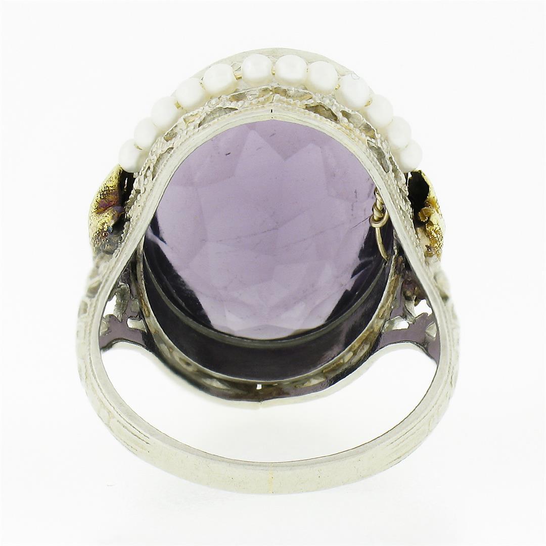Antique 10K TT Gold Oval Bezel Purple Stone Seed Pearl Halo & Open Filigree Ring