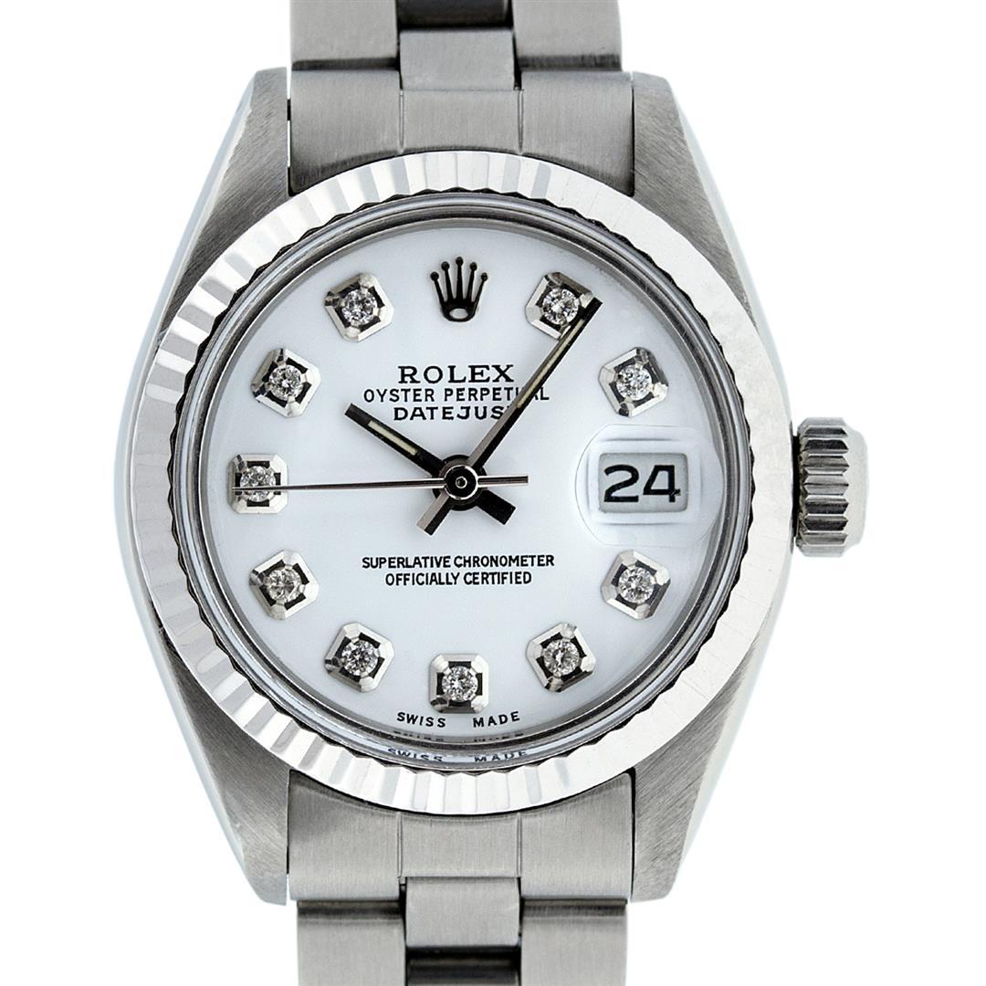 Rolex Ladies Stainless Steel White Diamond Bezel Wristwatch With Oyster Band