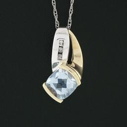 Petite 10K TT Gold Channel Blue Topaz Diamond Polished Overlap Pendant Necklace