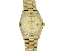 Rolex Mens Quickset 18K Yellow Gold Factory Champagne Diamond Dial Emerald Bezel