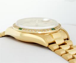 Rolex Mens Quickset 18K Yellow Gold Factory Champagne Diamond Dial Emerald Bezel