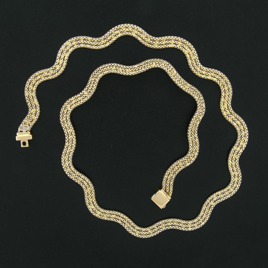 Italian 14k Gold 17.5" Wavy 3 Row Popcorn Link Necklace W/ Safety Clasp Latch