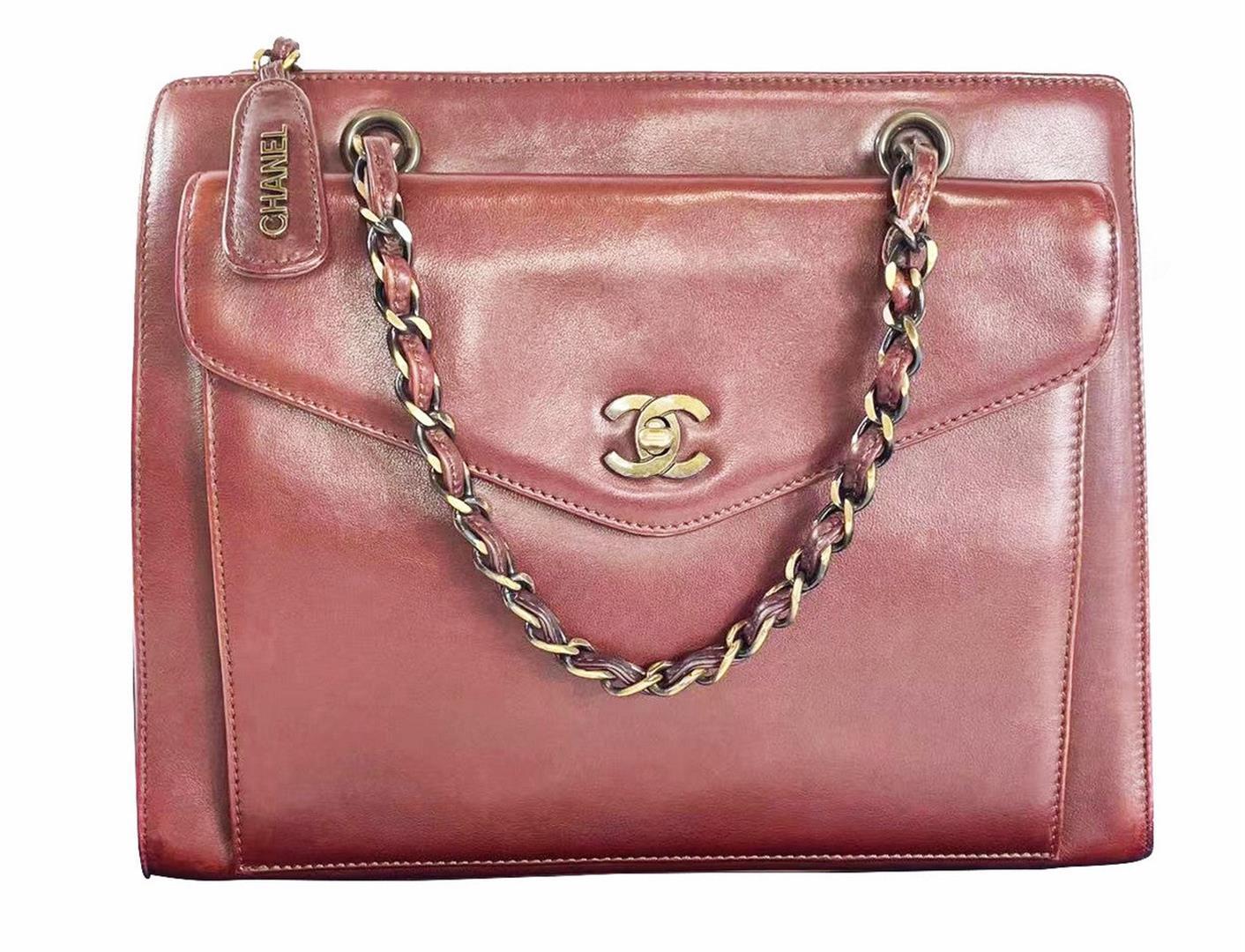 Chanel Dark Red Leather Vintage Bordeaux Tote Bag