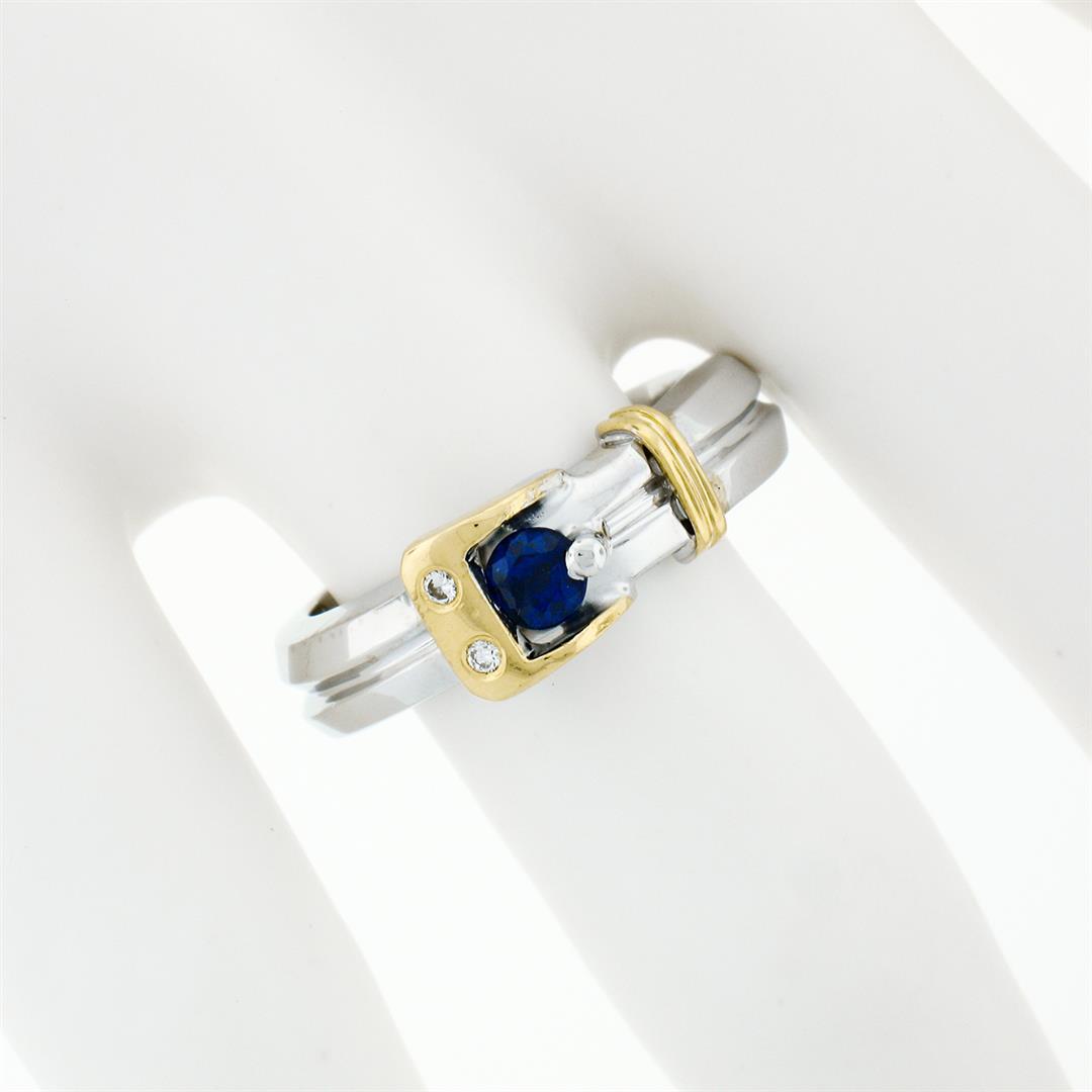 Estate 18k Two Tone Gold 0.38 ctw FINE Sapphire & Diamond Buckle Band Ring Sz 6.