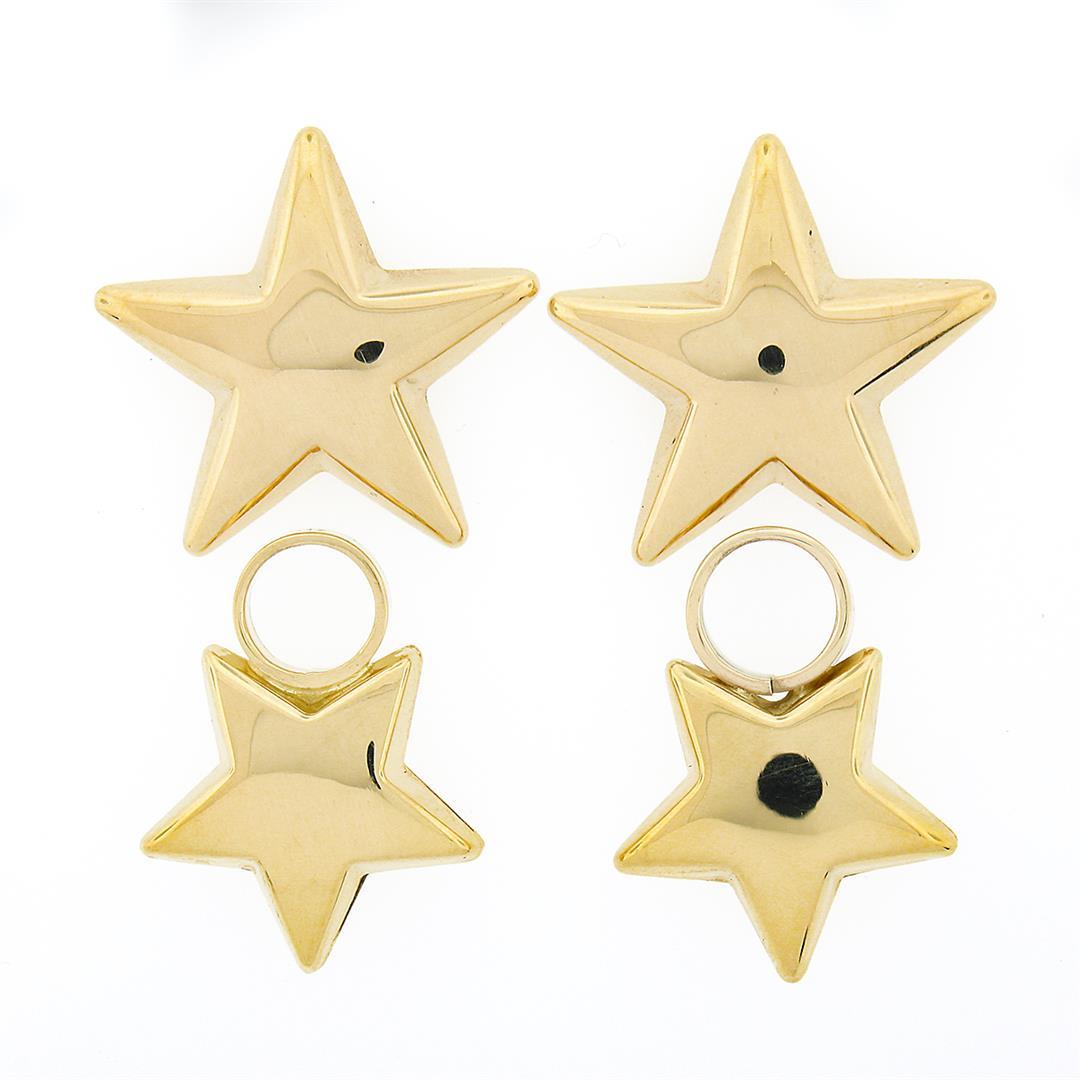Estate 18k Yellow Gold Puffed & Polished Dual Star Drop Dangle Enhancer Earrings