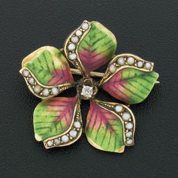 Antique Art Nouveau 10k Gold Diamond Seed Pearl Enamel Flower Petal Brooch Pin