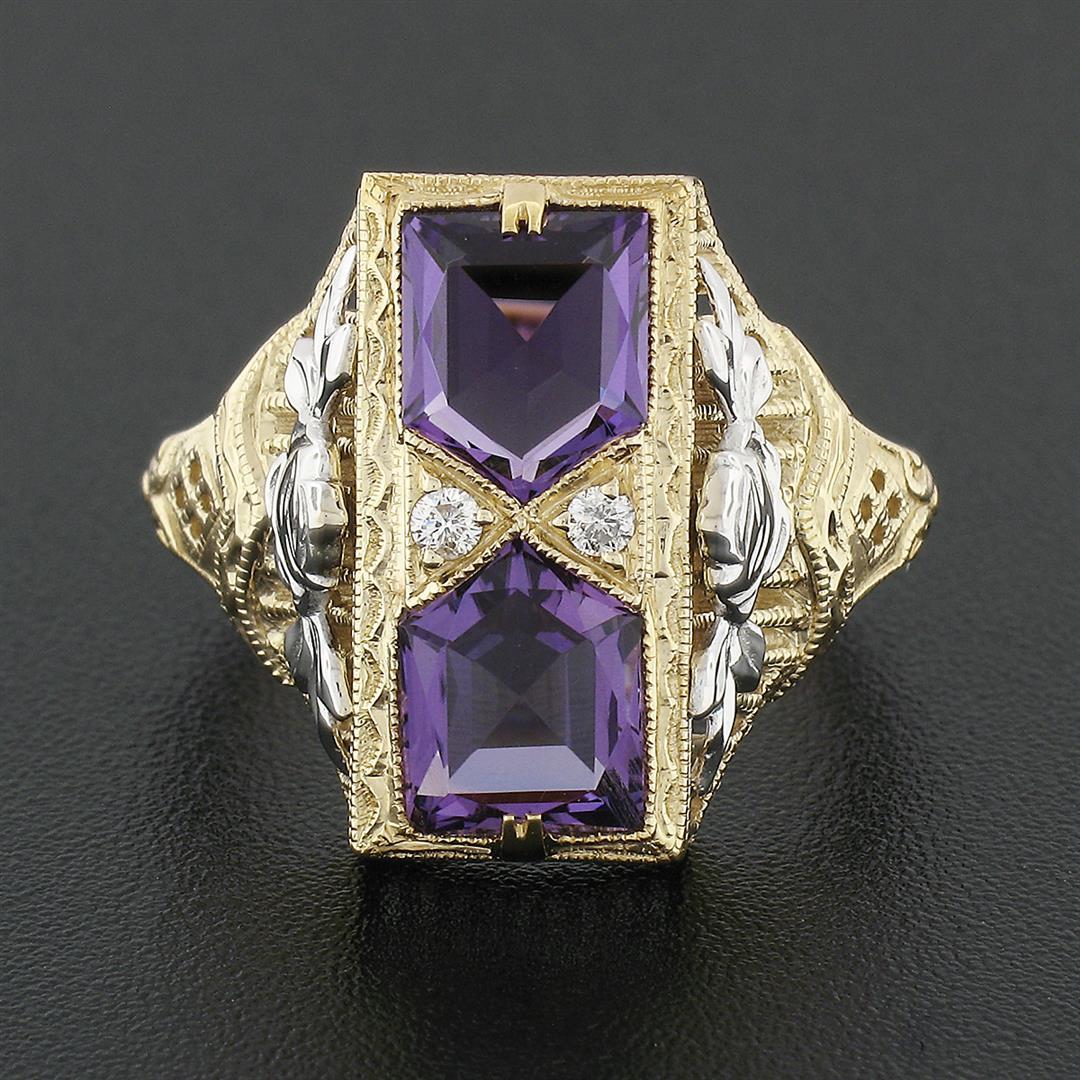 14K Two Tone Gold 1.80 ctw Amethyst Diamond Filigree Milgrain Etched Cocktail Ri