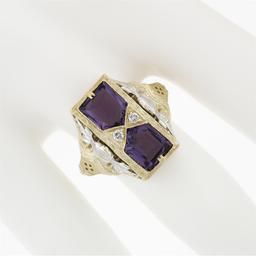 14K Two Tone Gold 1.80 ctw Amethyst Diamond Filigree Milgrain Etched Cocktail Ri