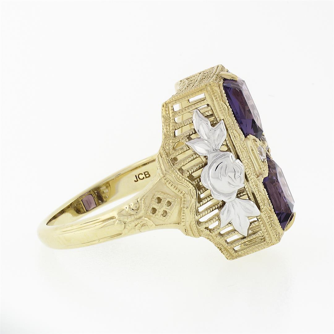 14K Two Tone Gold 1.80 ctw Amethyst Diamond Filigree Milgrain Etched Cocktail Ri