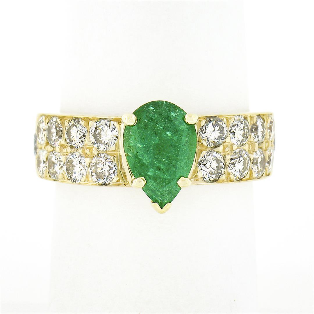 18k Yellow Gold 3.06 ctw Pear Prong Emerald Solitaire Pave Diamond Engagement Ri