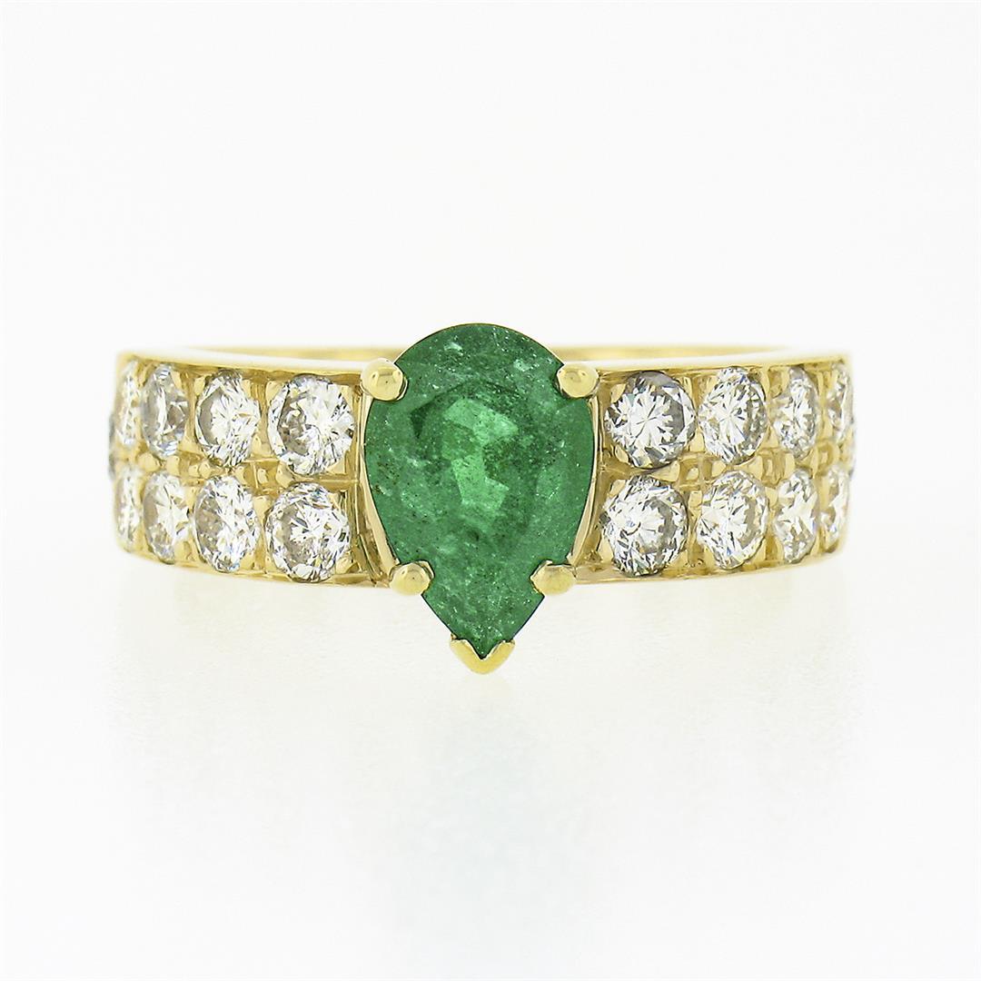 18k Yellow Gold 3.06 ctw Pear Prong Emerald Solitaire Pave Diamond Engagement Ri