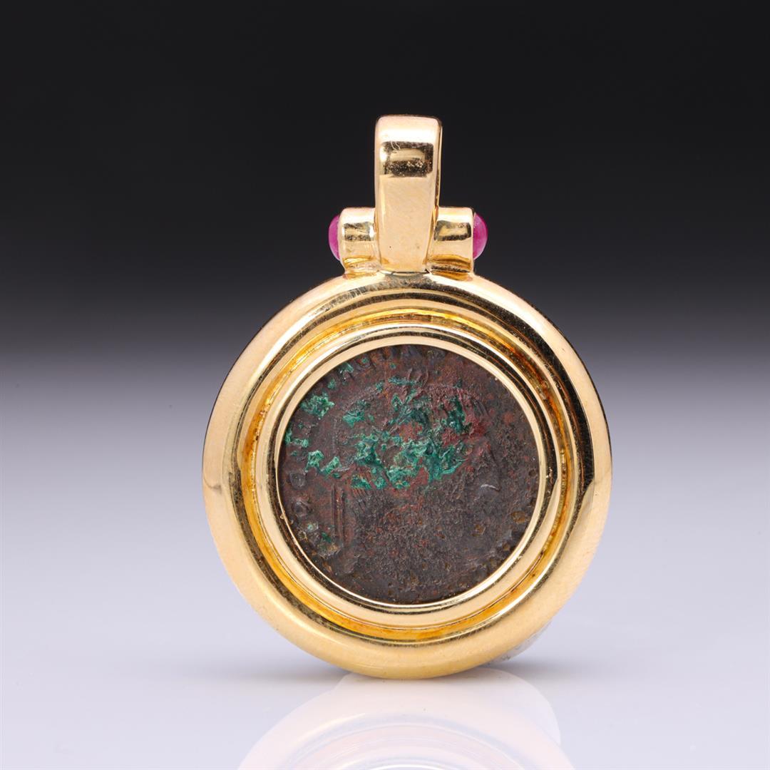 Heavy 18K Yellow Gold Pendant With Rubies & Imperial Roman Copper Coin