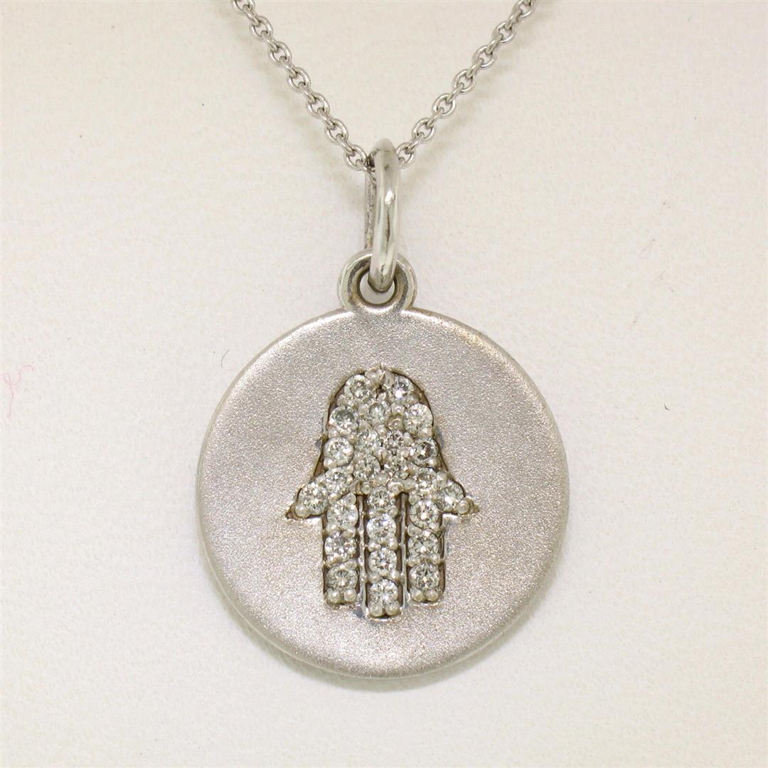 14K White Gold.18 ctw Diamond Hand of Fatima Hamsa Hand Disk Pendant w/16" Chain