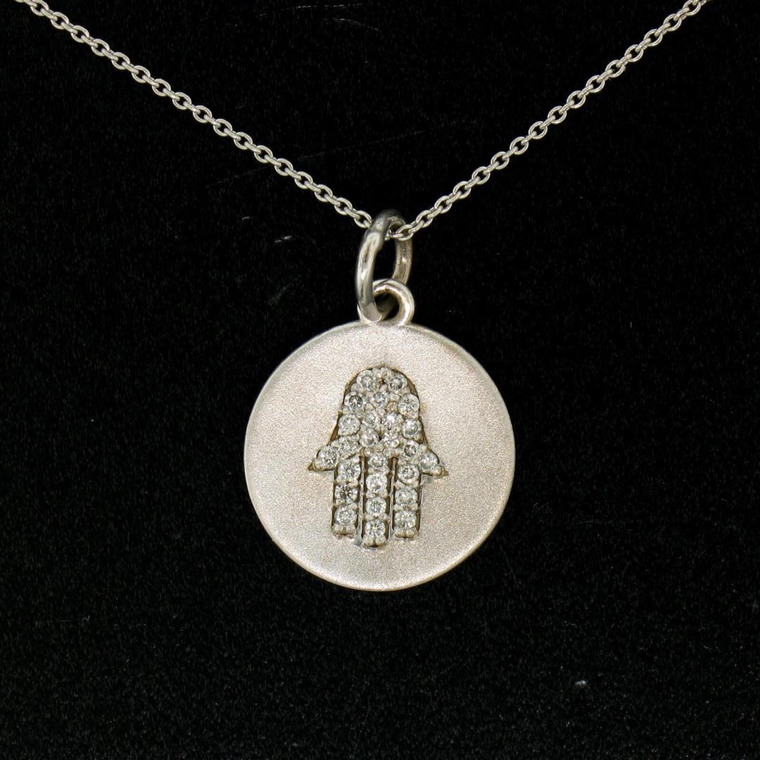 14K White Gold.18 ctw Diamond Hand of Fatima Hamsa Hand Disk Pendant w/16" Chain