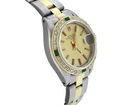 Rolex Ladies 2Tone 18K Yellow Gold Diamond And Emerald Bezel Date Watch With Rol