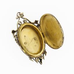 Antique Victorian 14k Gold Seed Pearl & Black Enamel Etched Oval Locket Pendant