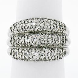 Vintage .900 Platinum 1.30 ctw Pave Diamond Wide Domed Triple Stacked Band Ring