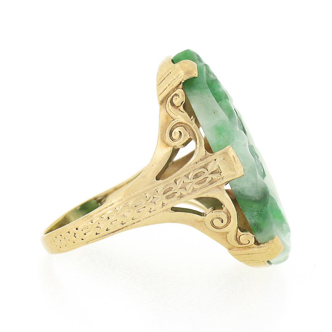 Vintage 10k Yellow Gold Oval Floral Carved Jade w/ Etched Open Work Platter Ring