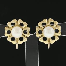 Vintage 14k Yellow Gold 6.8mm Round Pearl Open Flower Frame Screw Back Earrings