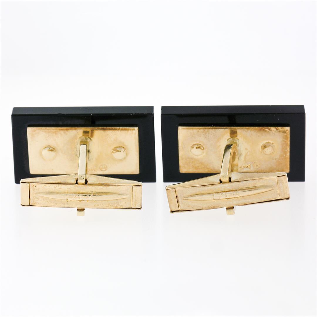 14K Yellow Gold Rectangular Cut Black Onyx Florentine Finish Swivel Cuff Links