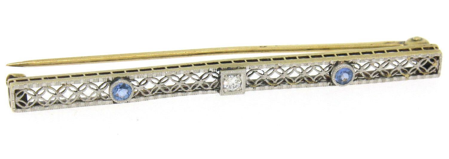 Antique Two Tone 14k Gold Diamond & Synthetic Sapphire Open Filigree Bar Pin