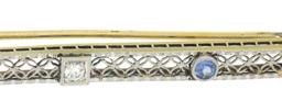 Antique Two Tone 14k Gold Diamond & Synthetic Sapphire Open Filigree Bar Pin