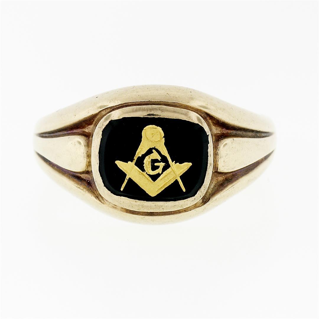 Men's Vintage 10k Gold Black Onyx Gold Leaf Design Masonic Solitaire Band Ring