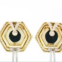 Vintage Large 18k Gold Black Onyx Intaglio .75 ctw Round Diamond Hexagon Earring