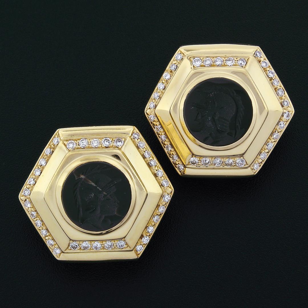 Vintage Large 18k Gold Black Onyx Intaglio .75 ctw Round Diamond Hexagon Earring