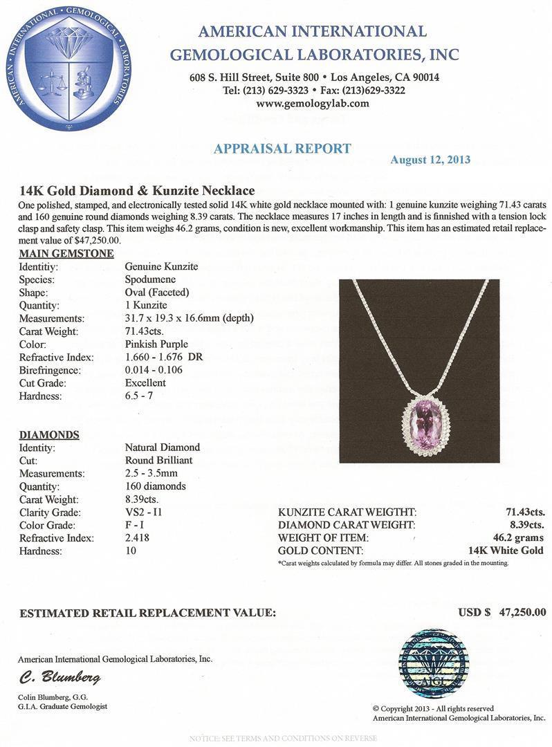 14KT White Gold 71.43 ctw Kunzite and Diamond Necklace