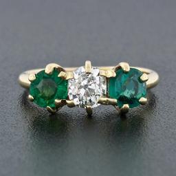 Antique Victorian 14k Gold 0.65 ctw Old Mine Cut Diamond Green Stone 3 Stone Rin