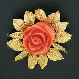 Vintage GIA NO DYE Carved Rose Coral Pin Brooch w/ 18k Gold Textured Leaf Frame