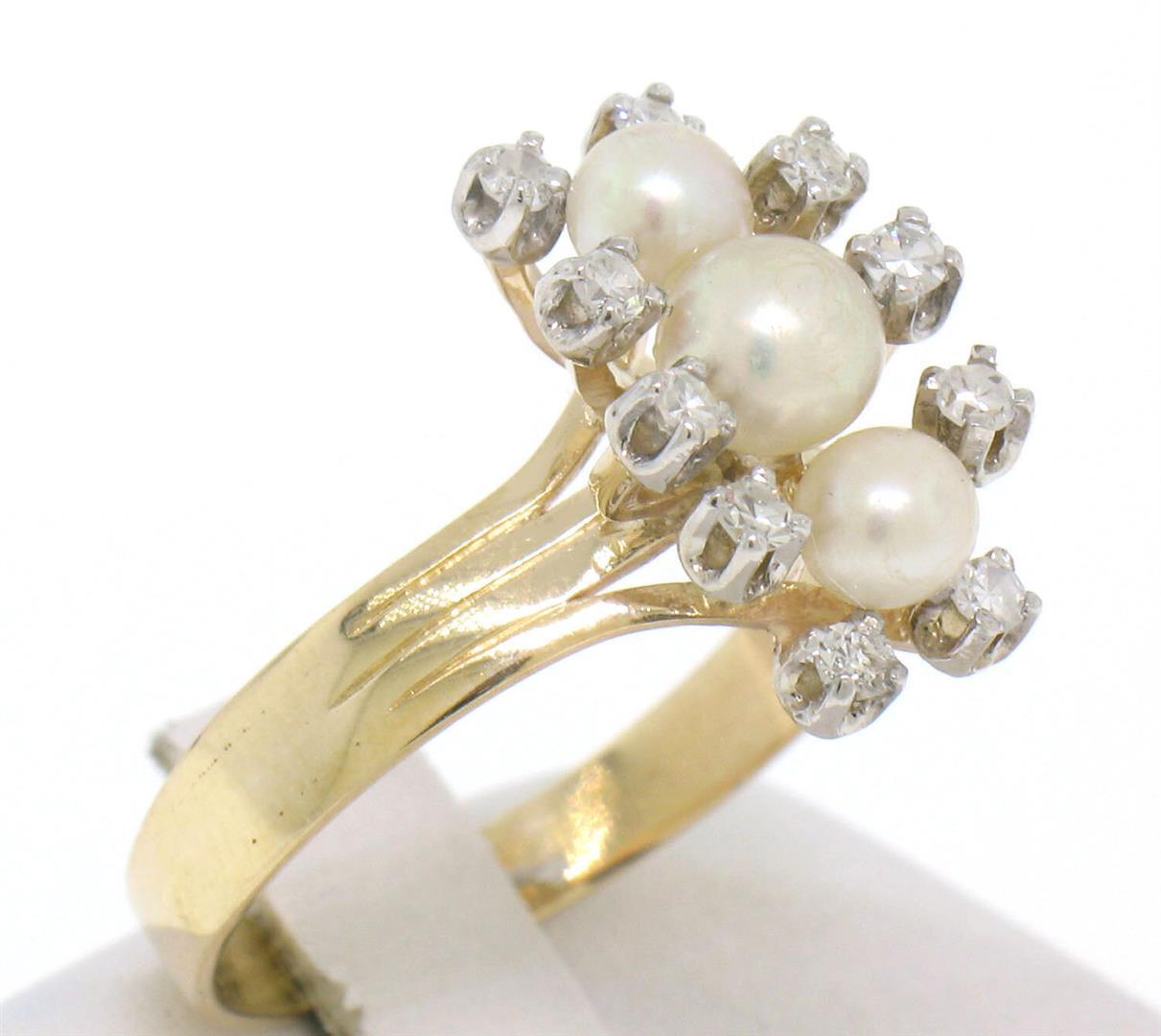 Vintage 14k Yellow Gold Pearl Diamond Accents Halo Elongated Dinner Ring Sz 7.5