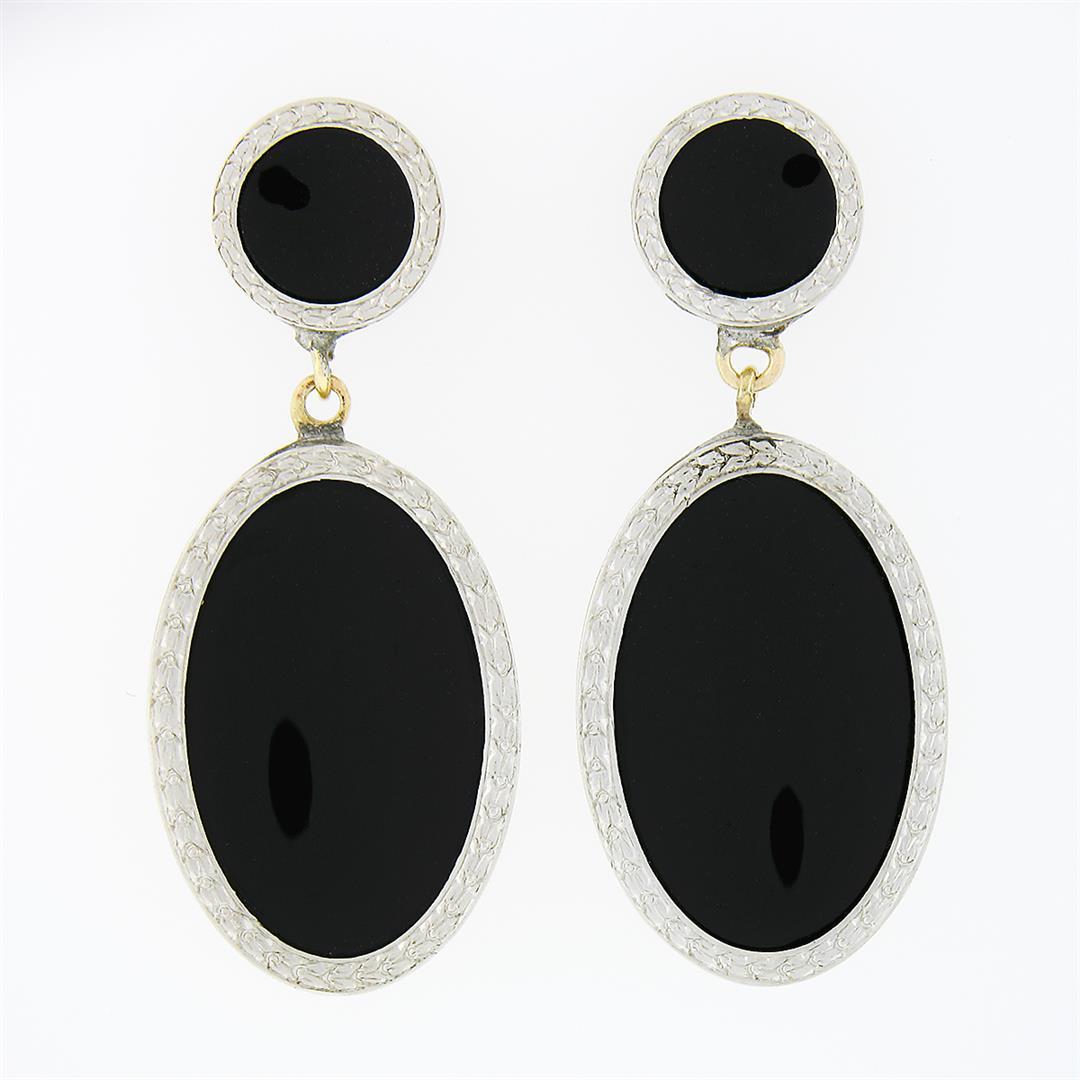 Antique 14k Gold & Platinum Round & Oval Black Onyx Wheat Work Dangle Earrings