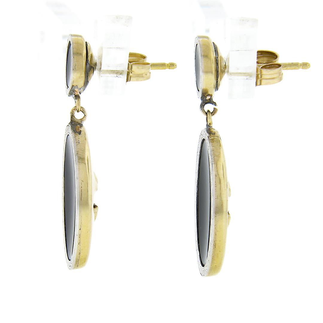 Antique 14k Gold & Platinum Round & Oval Black Onyx Wheat Work Dangle Earrings