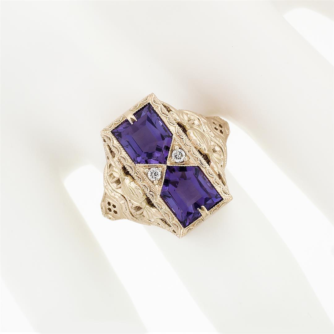 14K Rose Gold 1.80 ctw Amethyst W/ Diamond & Filigree Milgrain Etched Dinner Rin