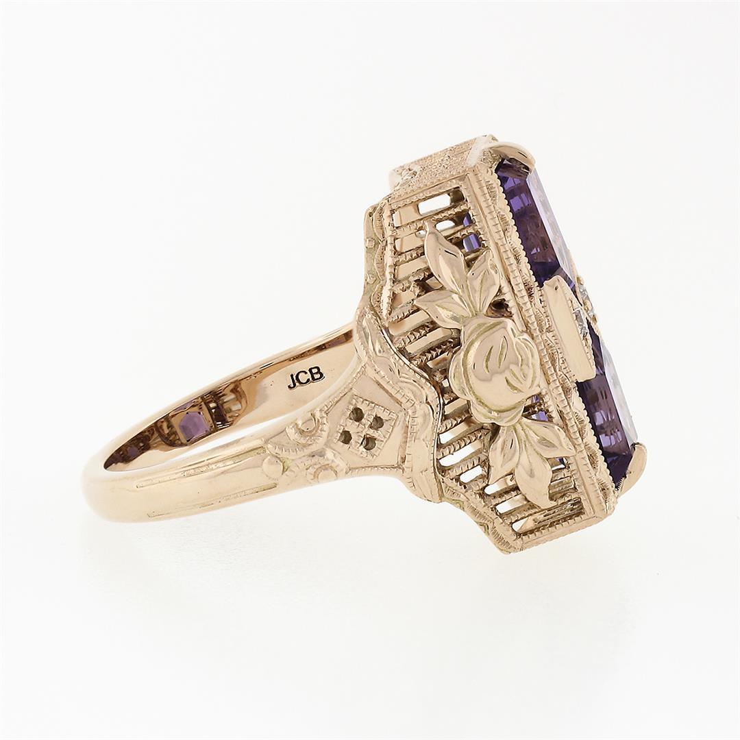 14K Rose Gold 1.80 ctw Amethyst W/ Diamond & Filigree Milgrain Etched Dinner Rin