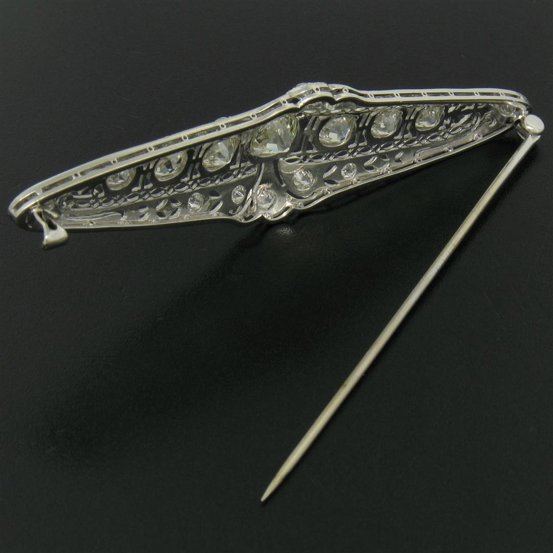 Art Deco Platinum 6.00 ctw Old European and Mine Cut Diamond Filigree Brooch