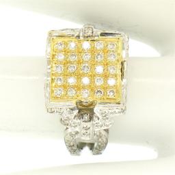 18k Two Tone Solid Gold 1.10 ctw Round Pave Diamond Square Cocktail Ring