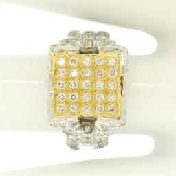 18k Two Tone Solid Gold 1.10 ctw Round Pave Diamond Square Cocktail Ring