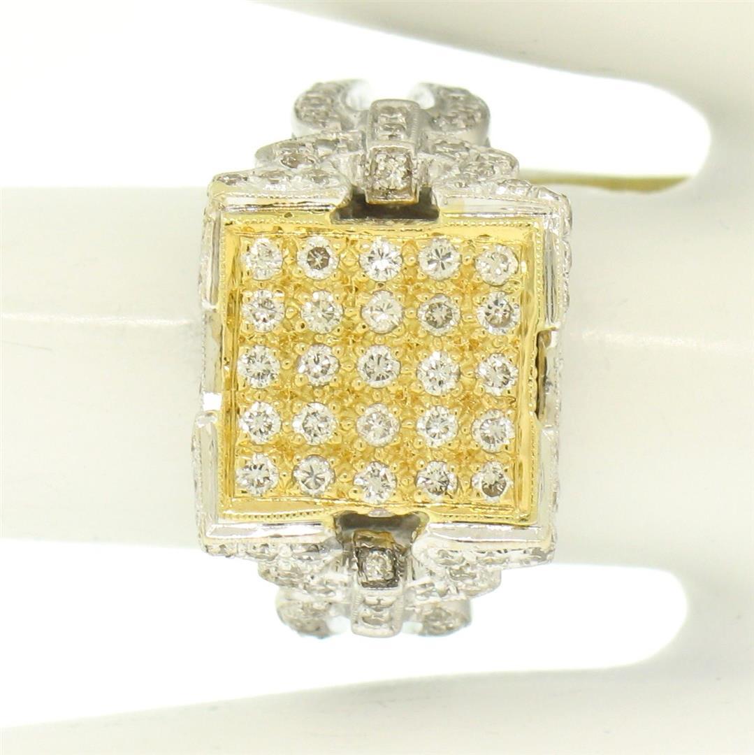 18k Two Tone Solid Gold 1.10 ctw Round Pave Diamond Square Cocktail Ring